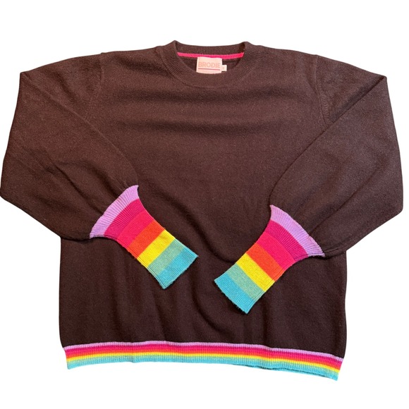 Brodie Sweaters - BRODIE Cashmere Rainbow Stripe Cuff Hem Sweater Women's M Crewneck Pride Medium